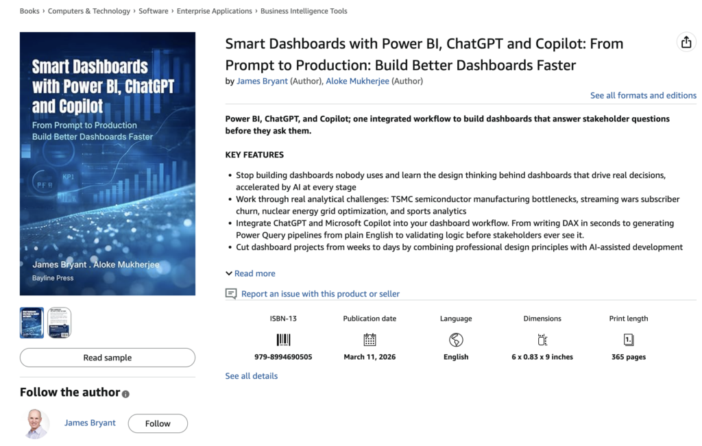 Amazon listing page for Smart Dashboards with Power BI, ChatGPT and Copilot: From Prompt to Production: Build Better Dashboards Faster