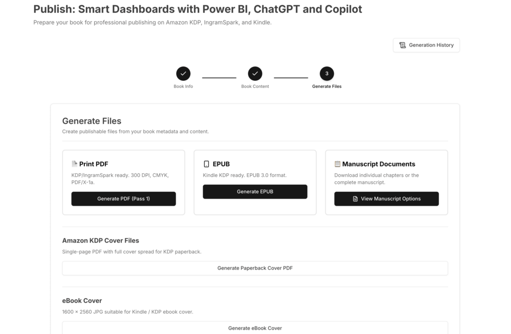 AuthPlat publishing interface preparing files for Amazon KDP.